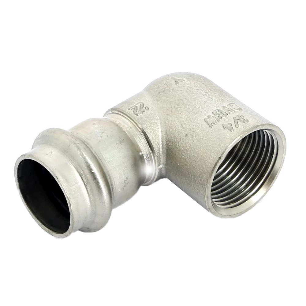 изображение Угольник Viega Sanpress Inox SC-Contur 2314.2 Дн22х3/4″ Ру16 с разъемным соединением и плоской прокладкой, из нержавеющей стали, 90°, внутренняя резьба / пресс 