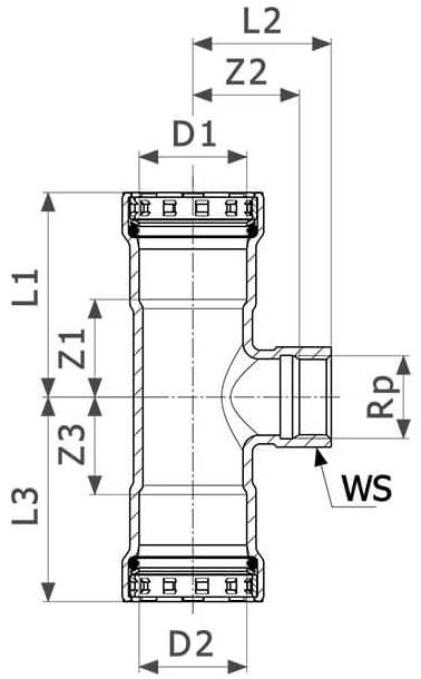 Тройник переходной Viega Megapress с SC-Contur Дн1 1/2″x1/2″x1 1/2″ Ру16 стальной оцинкованный, присоединение - пресс/внутренняя резьба